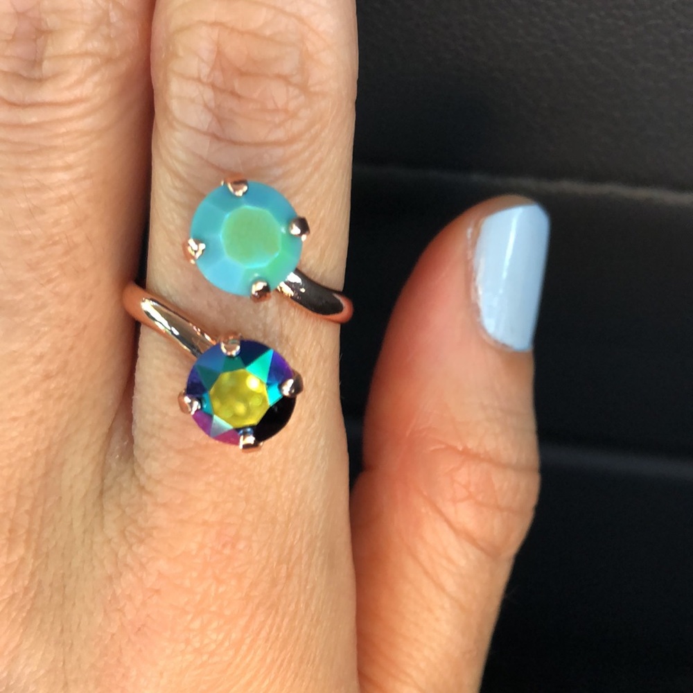 Iridescent Turquoise + Peacock Fuchsia Teal Rose Gold Crystal Ring - Picture 5 of 15